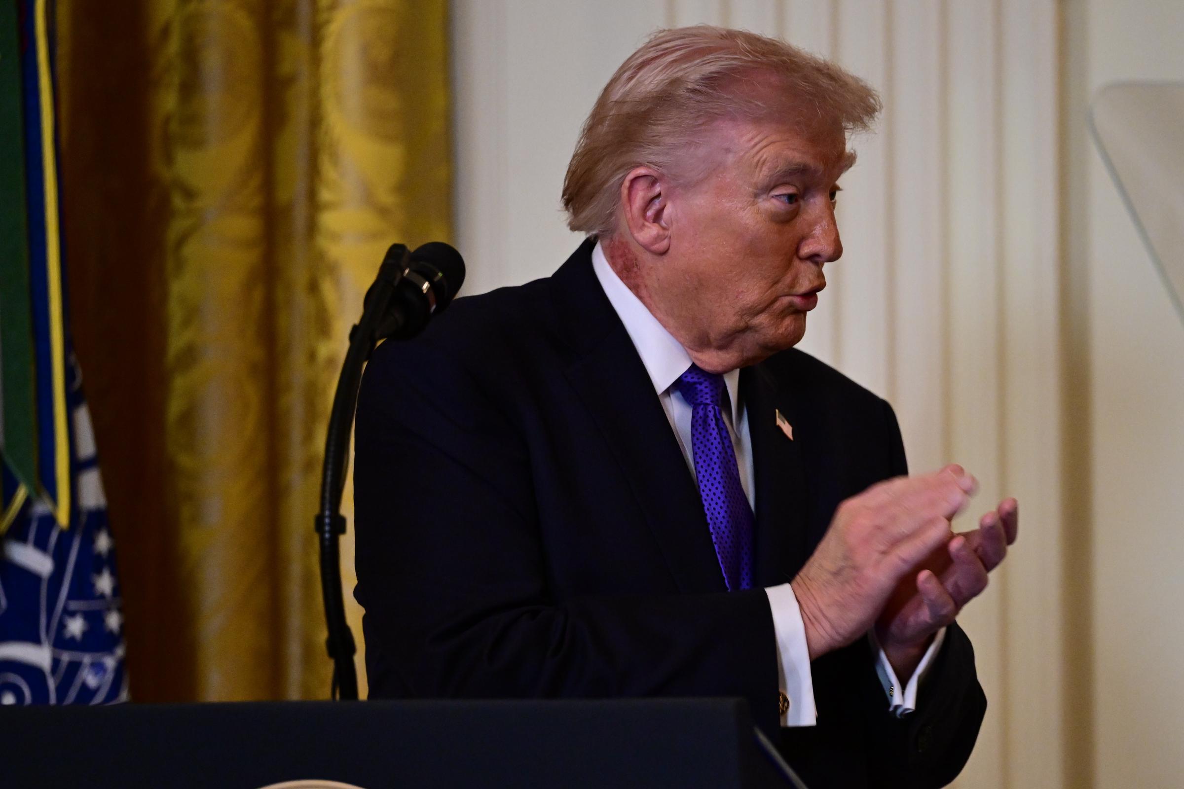 U.S. President Donald Trump speaking during a Medal of Honor ceremony in the East Room in Washington, D.C., on March 2, 2026. | Source: Getty Images